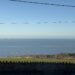 View of the sea under a bright blue sky, with white wind turbines on the horizon. In the foreground, green fields and a stone wall.”