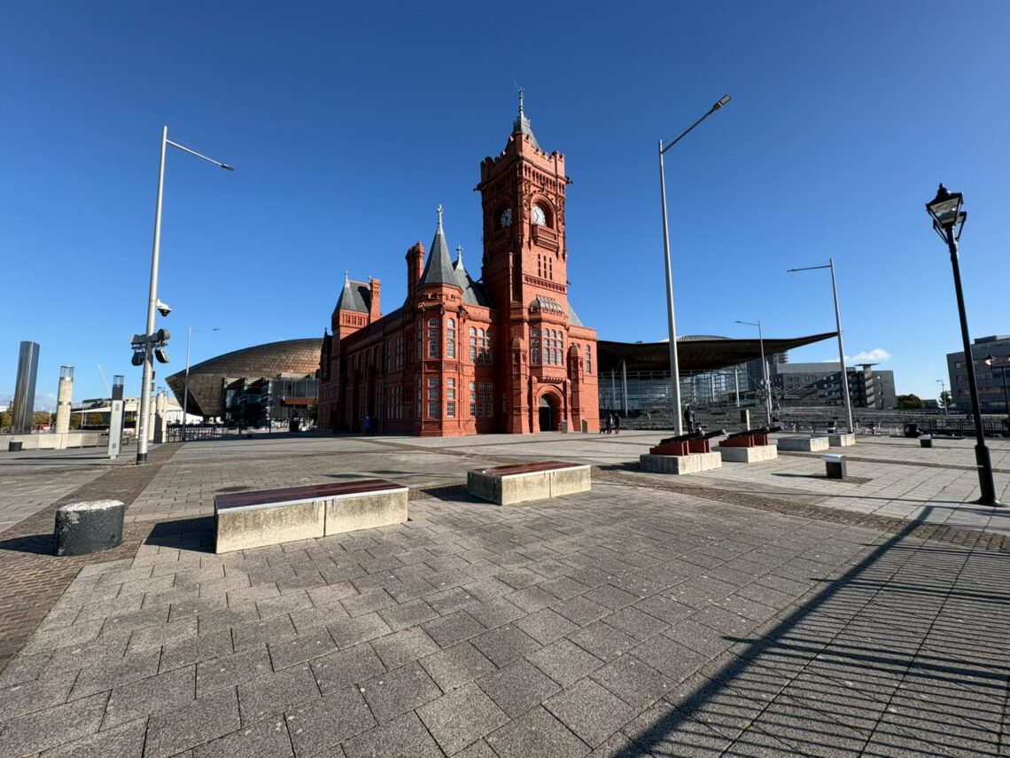 The Pierhead Building and Senedd in Cardiff Bay, with the Wales Millennium Centre in the background.
