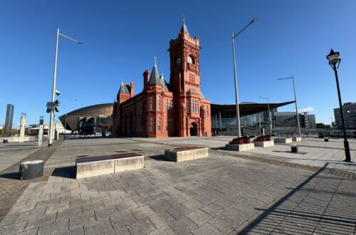 The Pierhead Building and Senedd in Cardiff Bay, with the Wales Millennium Centre in the background.